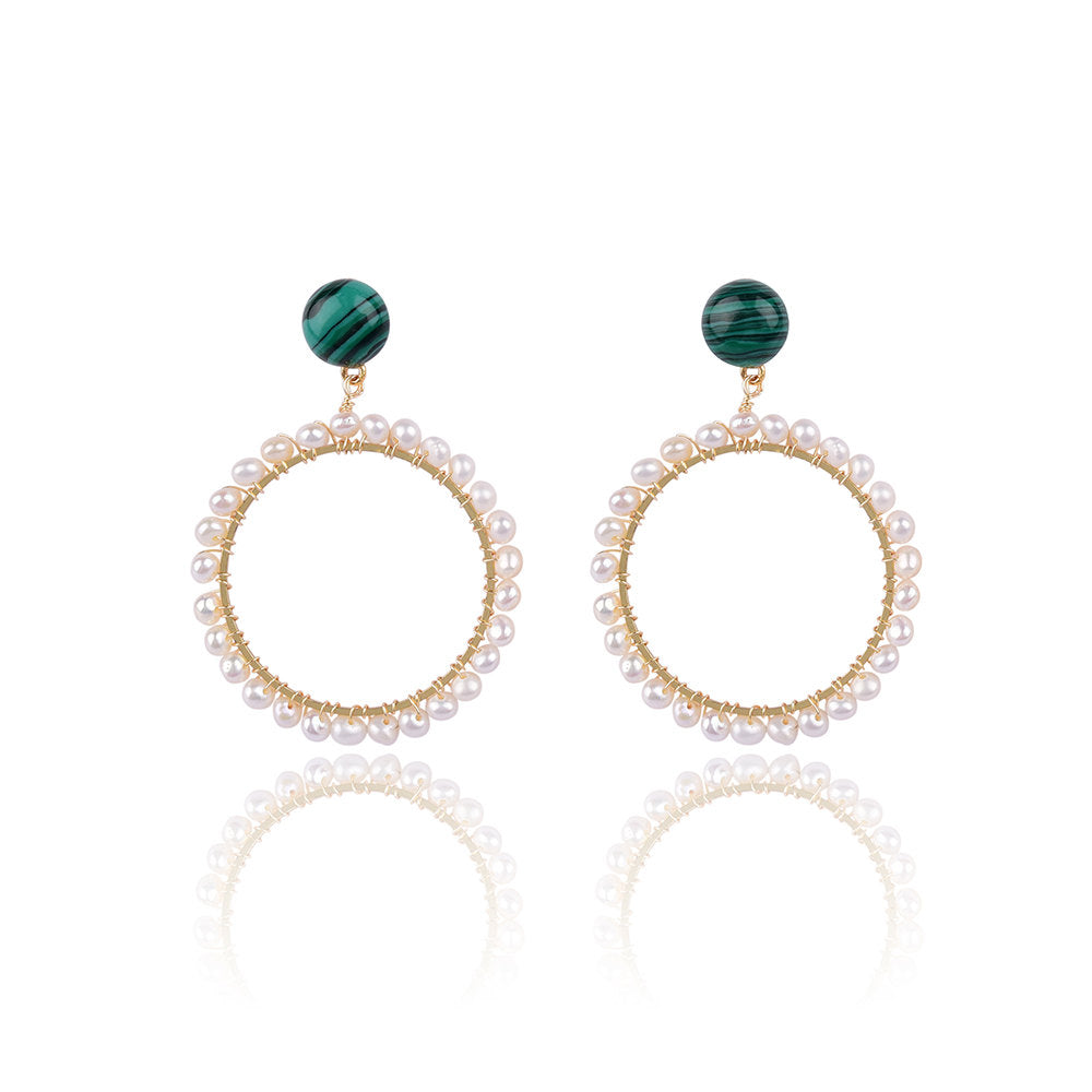 Hellen Pearl Wire Wrapped Earrings With Malachite