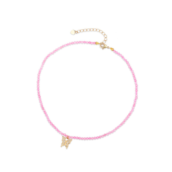 Darcy Gold Butterfly Rose Quartz Bead Choker Necklace