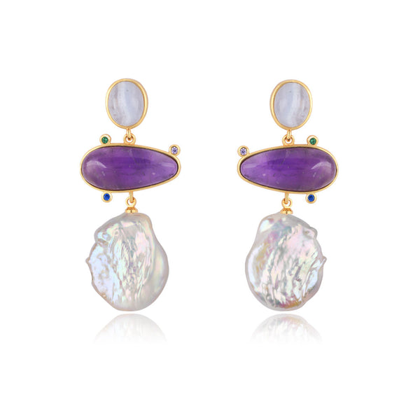 Aura Three Stones Earrings With Pearl
